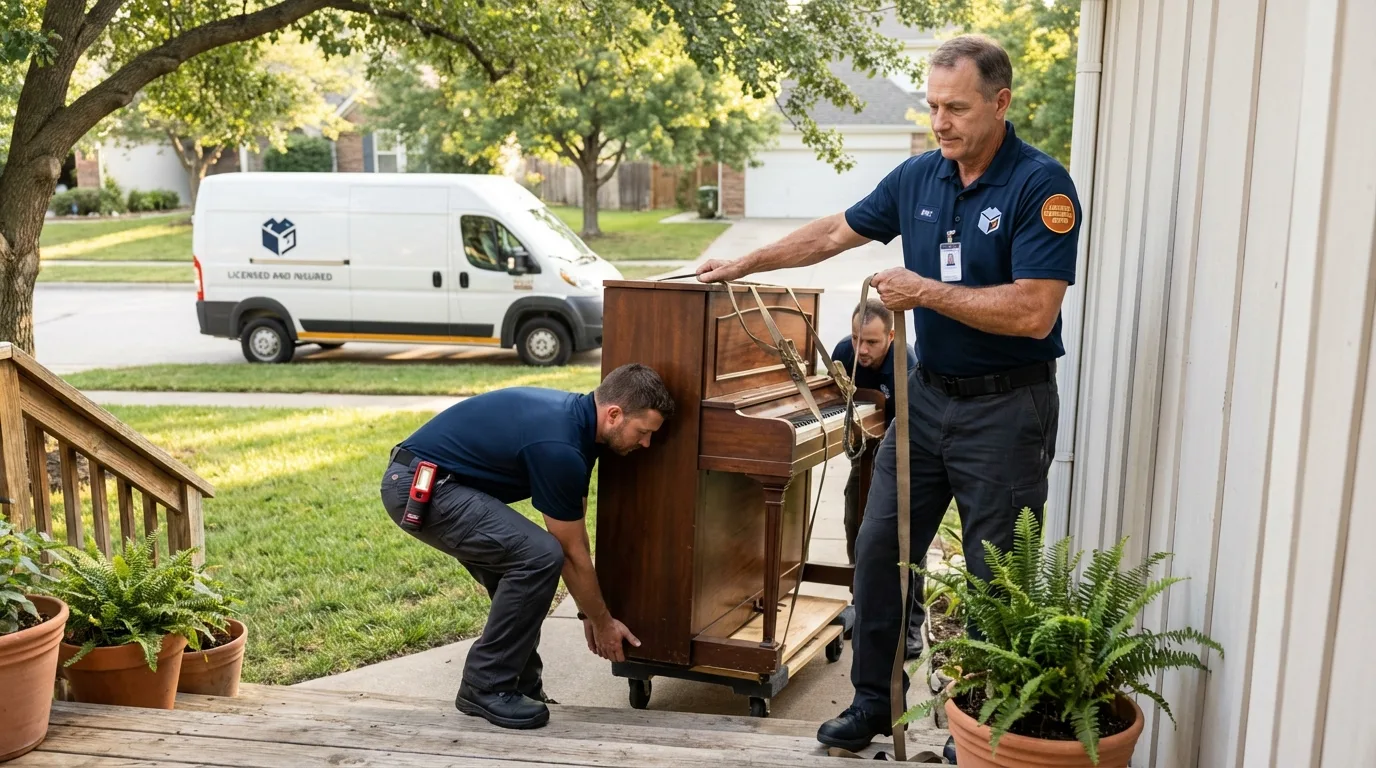 Licensed piano movers securing grand piano in North Augusta, SC