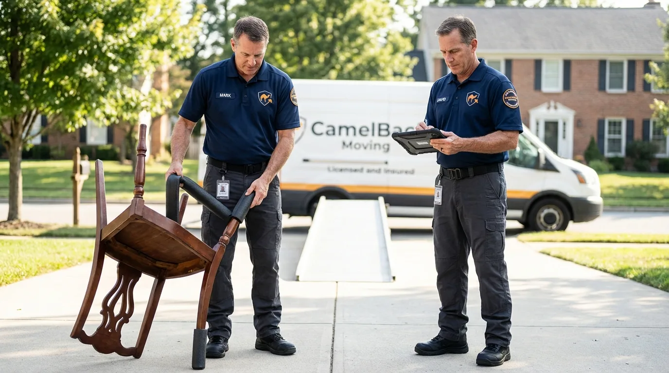 Movers inspecting furniture for damage prevention before loading in North Augusta, SC