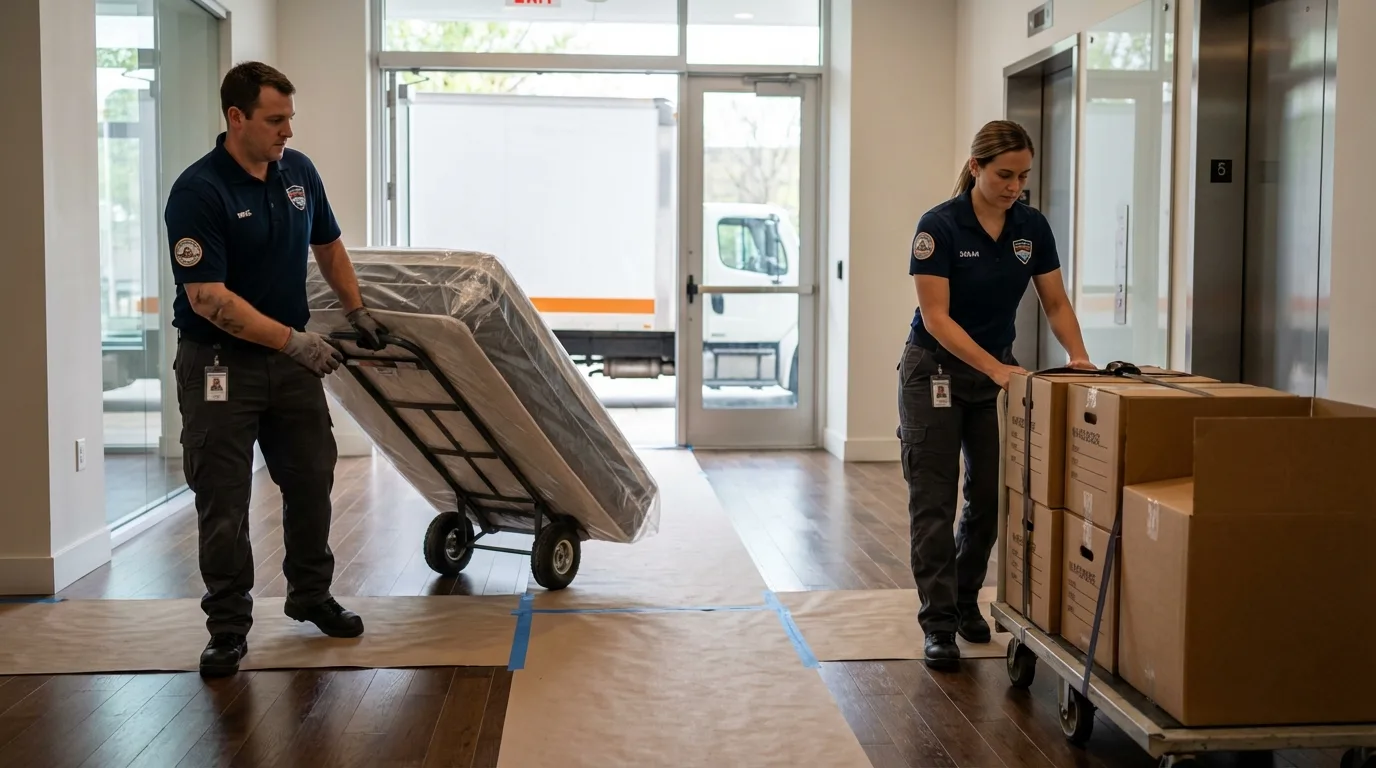 Professional apartment movers loading elevator in North Augusta, SC